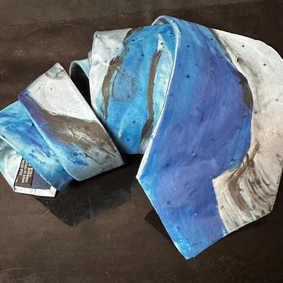 Kenzo Silk Tie Mens Necktie Blue Hand painted Abstract Art Neckwear Upcycle OOAK - Picture 4 of 4